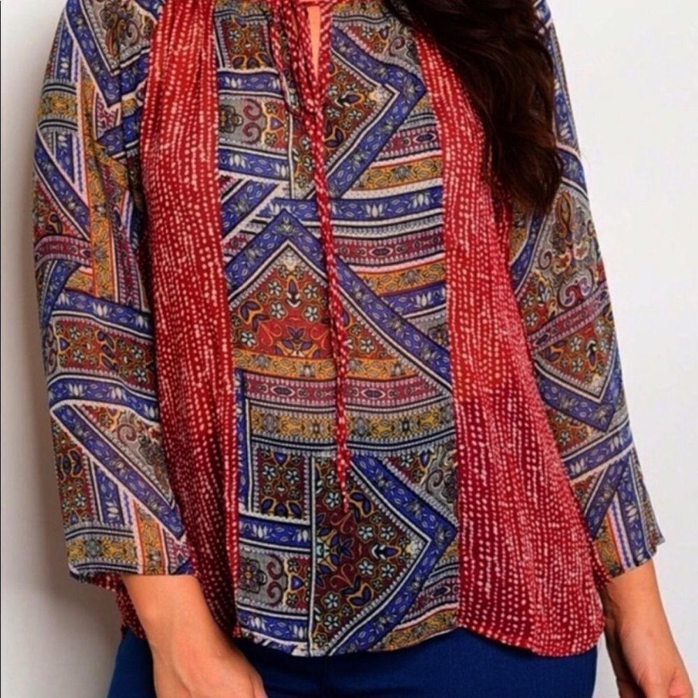 Round Tassel Tie Neckline Multicolor Tribal Lightweight Blouse